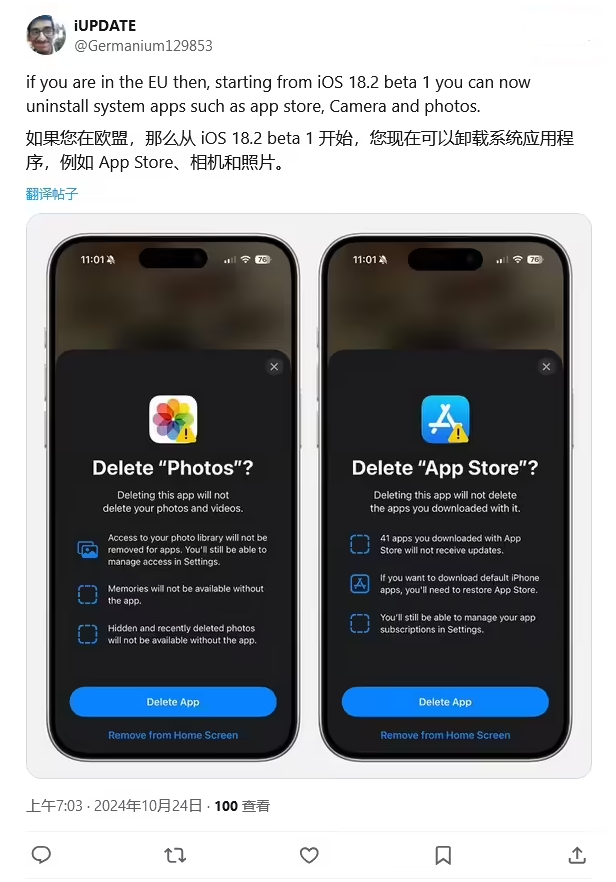 金江镇苹果手机维修分享iOS 18.2 支持删除 App Store 应用商店 