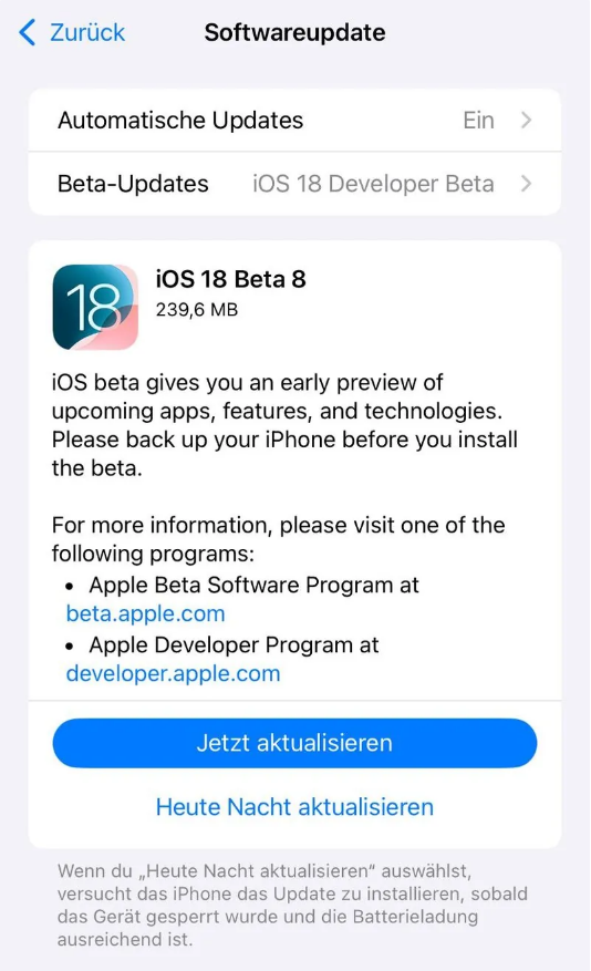 金江镇苹果手机维修分享苹果 iOS / iPadOS 18 开发者预览版 Beta 8 发布 